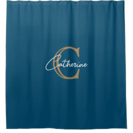 Cortina De Ducha Monograma azul de la marina Minimalista personaliz