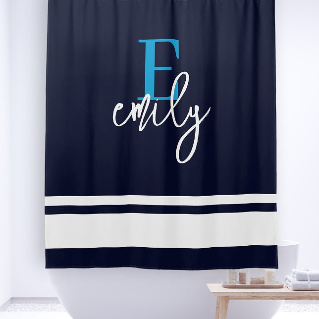 Cortina De Ducha Monograma Bandas Náuticas Marina Blanco Azul (Add Your Custom Monogram Initial. Personalize Your Name in Stylish Handwritten Script.)