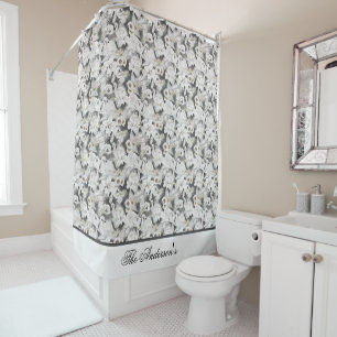 Cortina De Ducha Monograma Blanco Gris Cisne Floral Elegante Con Es