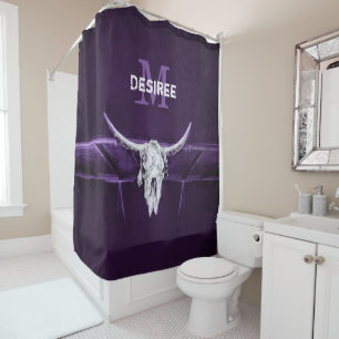 Cortina De Ducha Monograma blanco morado del cráneo de vaca toro oc