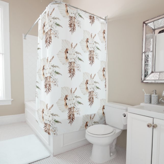 Cortina De Ducha Monograma Boho Brown Pampas Grass White Orchigram (In situ)