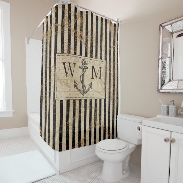 Cortina De Ducha Monograma de ancla nautica del mapa del mundo anti (In situ)