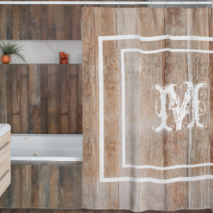 Cortina De Ducha Monograma de aspecto de madera rústica envejecida