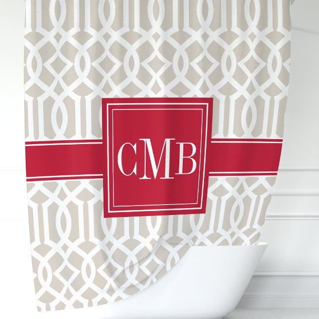 Cortina De Ducha Monograma de Beige y Trellis Rojo (Subido por el creador)