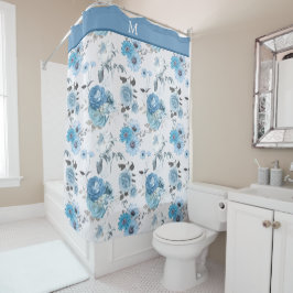 Cortina De Ducha Monograma de borde azul de patrón floral