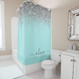 Cortina De Ducha Monograma de brillo plateado y azul teal Aqua