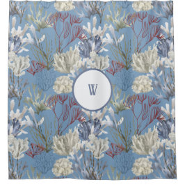 Cortina De Ducha Monograma de coral azul bajo el mar