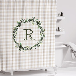 Cortina De Ducha Monograma de corona de cuadros beige estilo granja