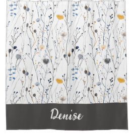 Cortina De Ducha Monograma de flor silvestre acuarela gris azul