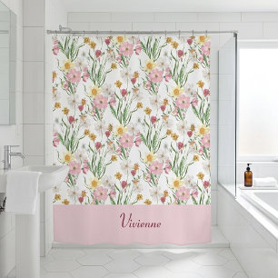 Cortina De Ducha Monograma de flor silvestre acuarela rosa verde