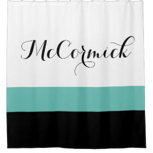 Cortina De Ducha Monograma de la familia moderna de franjas blancas