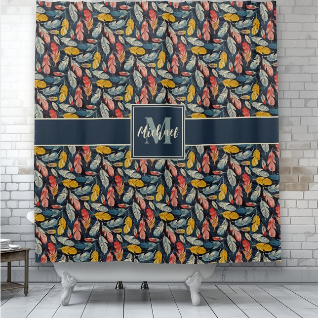 Cortina De Ducha Monograma de la Whimsy Feathered (Boho Feathered Whimsy Monogram shower curtain.)
