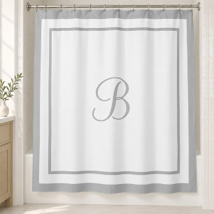 Cortina De Ducha Monograma de letra cursiva con borde gris elegante