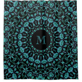 Cortina De Ducha Monograma de Mandala Floral Verde Azul