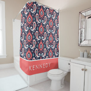 Cortina De Ducha Monograma de Navy y Coral Ikat Paisley