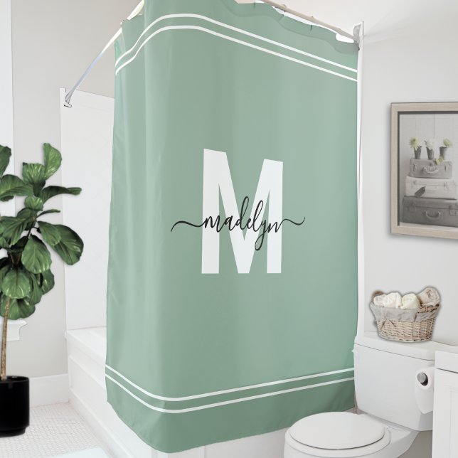 Cortina De Ducha Monograma de Nombre Elegante Verde Salvia (Elegant Name Monogram Sage Green Shower Curtain)