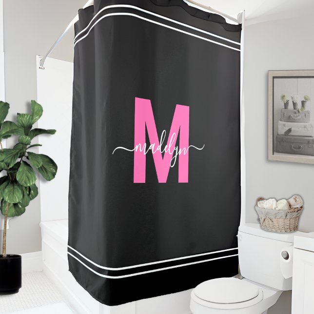 Cortina De Ducha Monograma de nombre rosa negro elegante personaliz (Personalized Elegant Black Pink Name Monogram Shower Curtain )