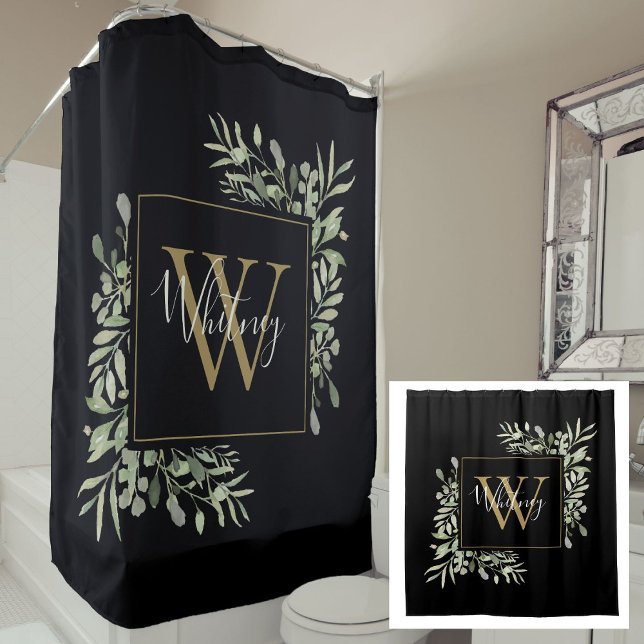 Cortina De Ducha Monograma de oro negro Floral Verdes (Black Gold Monogram Greenery Floral Shower Curtain)