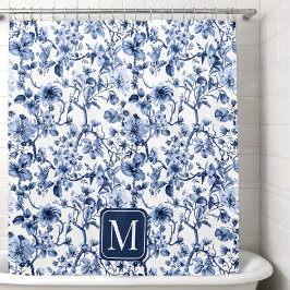 Cortina De Ducha Monograma de Patrón de Toile Vintage Floral Azul