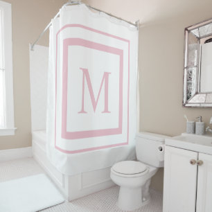 Cortina De Ducha Monograma de Rosa suave y borde cuadrado blanco