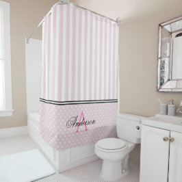 Cortina De Ducha Monograma de tiras rosadas y blancas