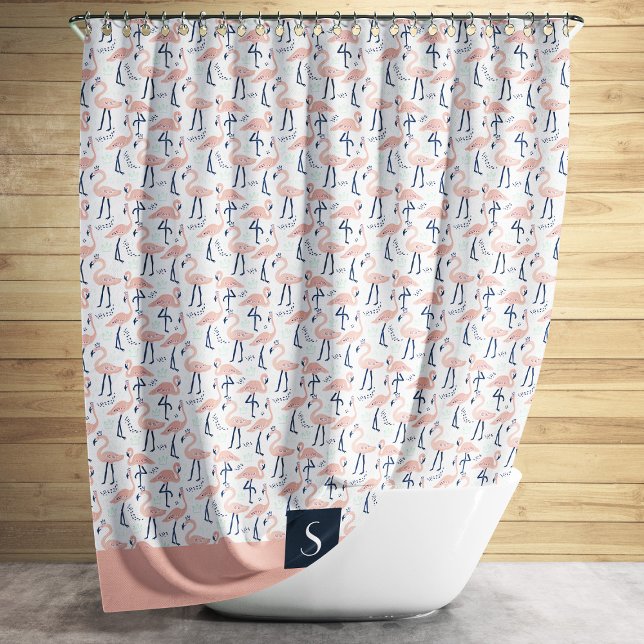 Cortina De Ducha Monograma del patrón de flamenco rosado (Cute Pink Flamingo Pattern Monogram Shower Curtain)