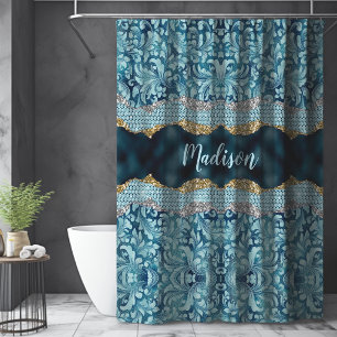 Cortina De Ducha Monograma dorada turquesa azulada con brillo flora