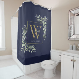 Cortina De Ducha Monograma dorado personalizado Verde azul marino