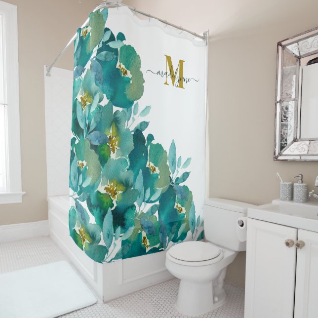 Cortina De Ducha Monograma dorado verde azulado Nombre acuarela Flo (In situ)