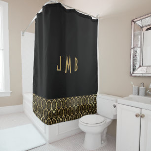 Cortina De Ducha Monograma Elegante Art Deco Gatsby Negro y Dorado