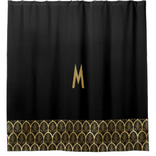 Cortina De Ducha Monograma Elegante Art Deco Gatsby Negro y Dorado