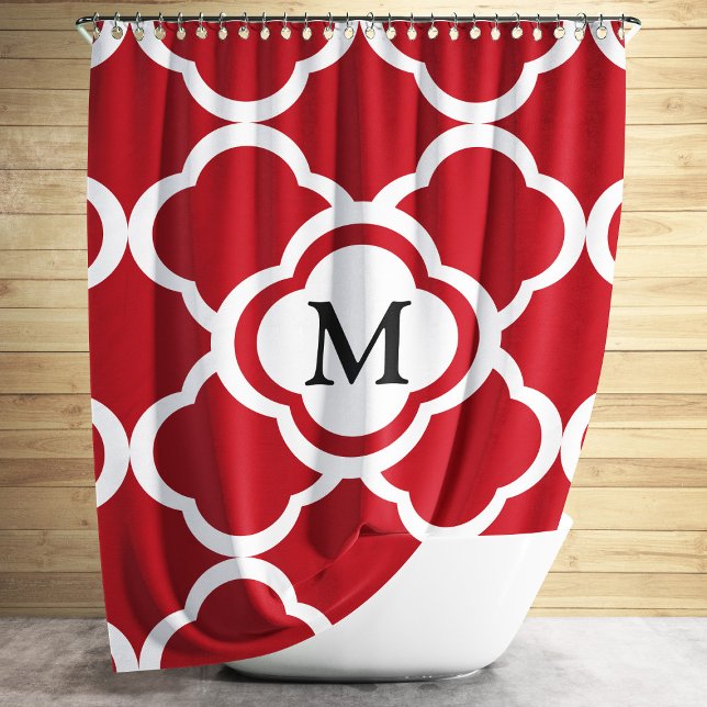 Cortina De Ducha Monograma elegante del Cuatrefoil Rojo (Elegant Red Quatrefoil Monogram Shower Curtain)