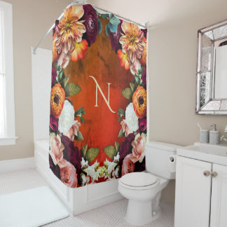 Cortina De Ducha Monograma Elegante Floral Vintage Rústico Botánico