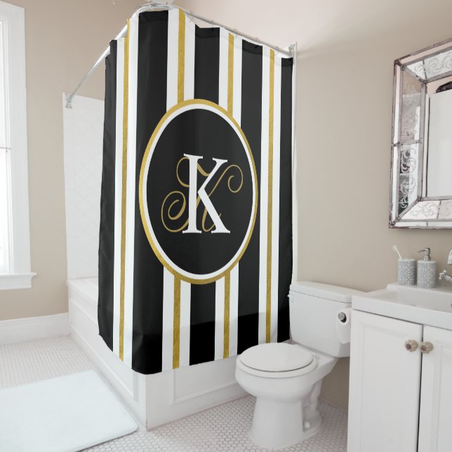 Cortina De Ducha Monograma elegante personalizado de franjas de oro (In situ)