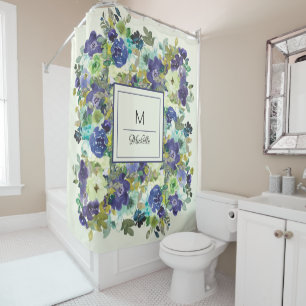 Cortina De Ducha Monograma floral acuarela azul marino, púrpura y v