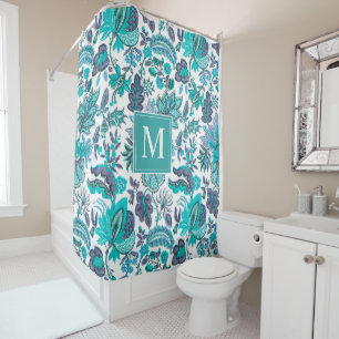 Cortina De Ducha Monograma floral azul boho vintage