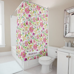 Cortina De Ducha Monograma floral color de agua rosada de moda y Ru