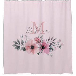 Cortina De Ducha Monograma floral de color de agua rosada de moda
