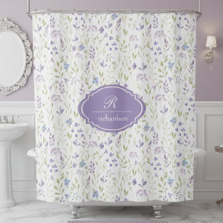 Cortina De Ducha Monograma Floral Morado Personalizado