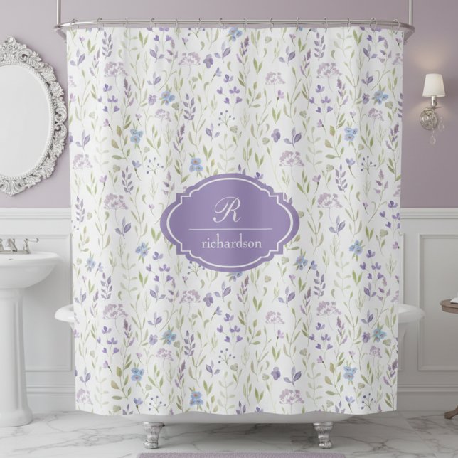 Cortina De Ducha Monograma Floral Morado Personalizado (purple wildflower floral meadow garden shower curtain with custom monogram name and initial)