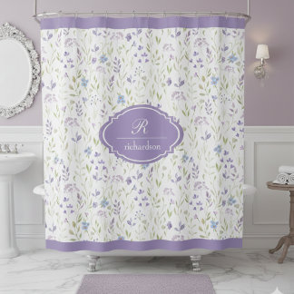 Cortina De Ducha Monograma Floral Morado Personalizado