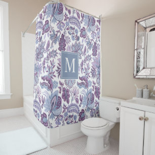 Cortina De Ducha Monograma Floral Vintage Boho Púrpura