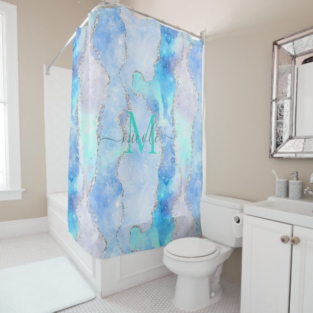 Cortina De Ducha Monograma Galaxia Azul Purpurina Agate Shower Cort (In situ)