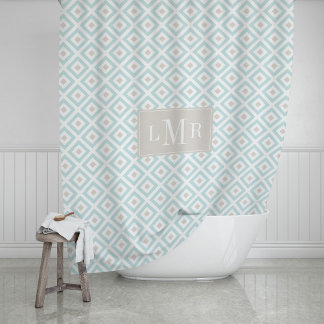 Cortina De Ducha Monograma geométrico azul claro y beige