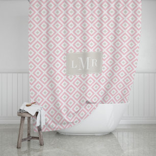 Cortina De Ducha Monograma geométrico rosa y beige claro