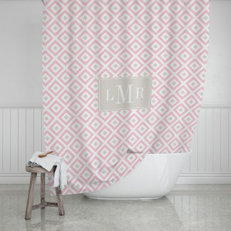 Cortina De Ducha Monograma geométrico rosa y beige claro