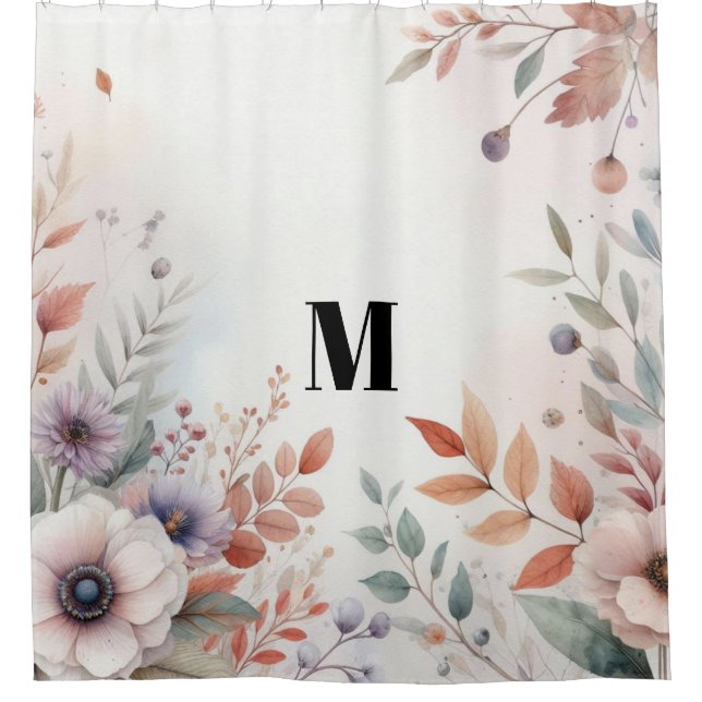 Cortina De Ducha Monograma Hojas de otoño y flores acuarela (Anverso)