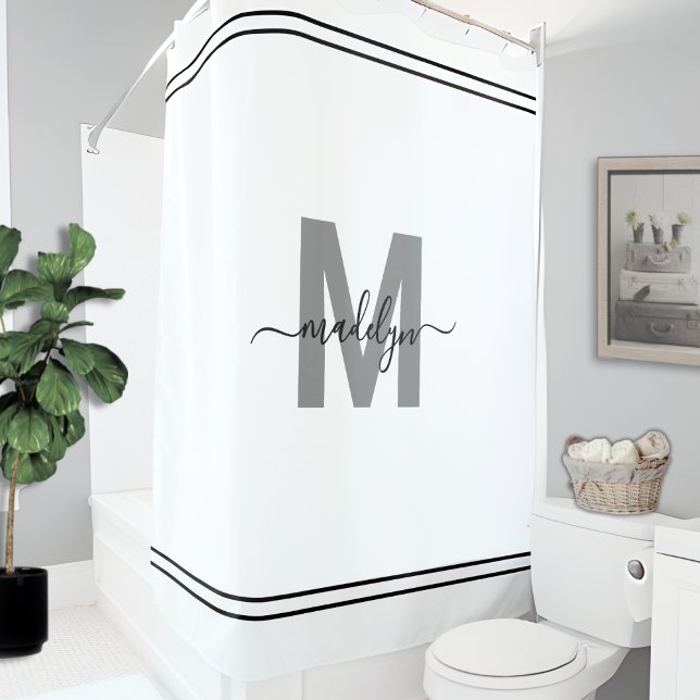 Cortina De Ducha Monograma Inicial de Nombre Elegante Blanco Negro (Elegant Name Initial Monogram Black White Shower Curtain)