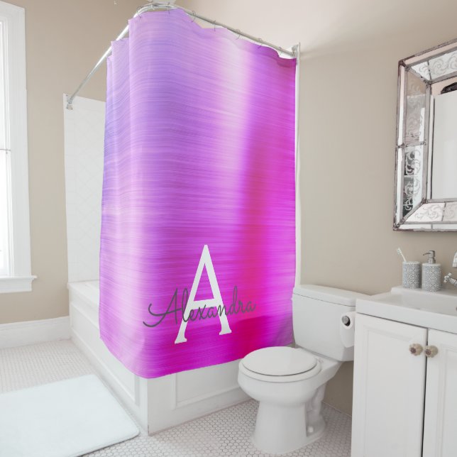 Cortina De Ducha Monograma metálico de glam morado (In situ)