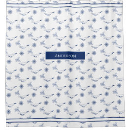 Cortina De Ducha Monograma náutico Ballenas y pulpo marina Blanco